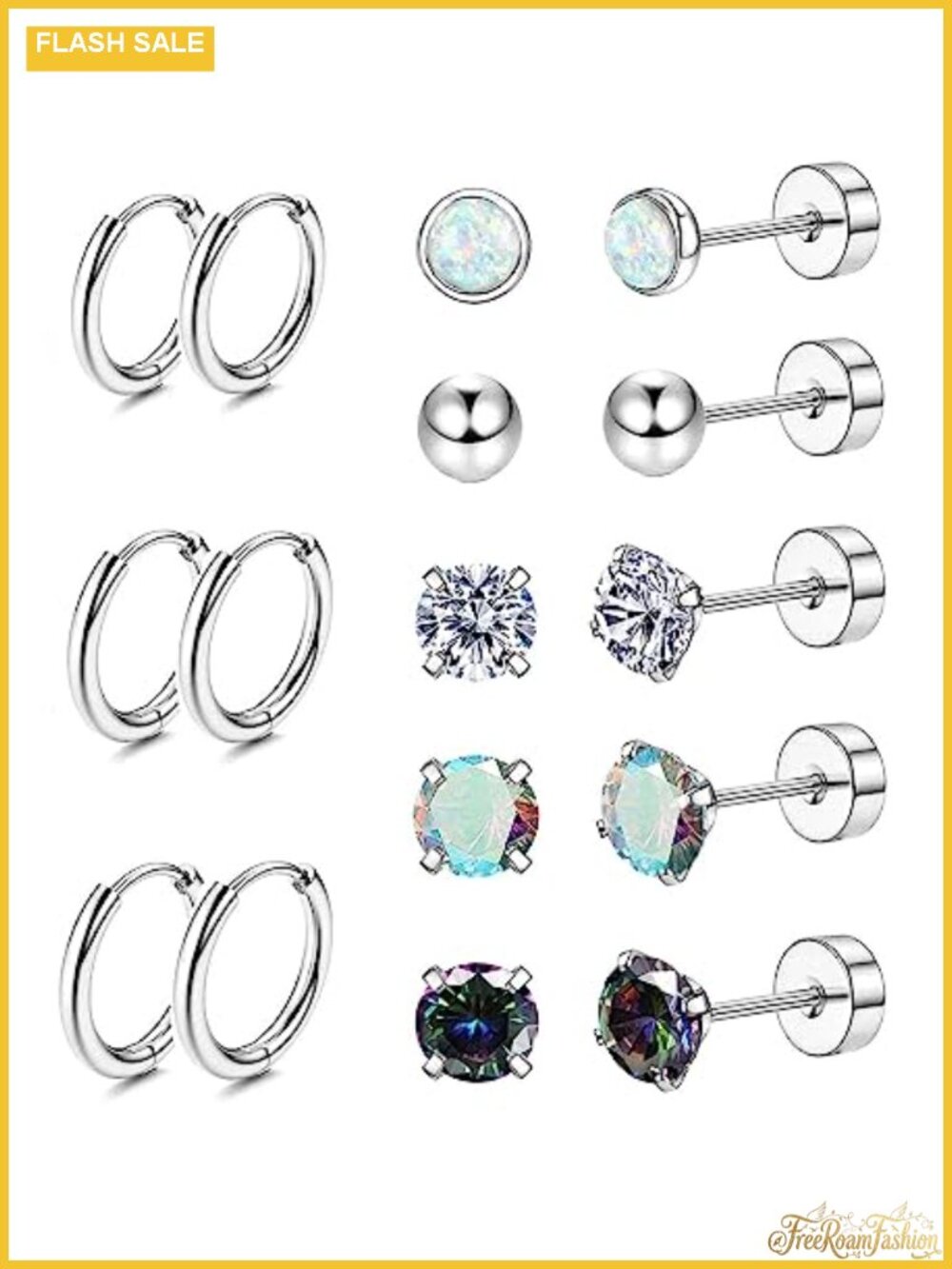 Hypoallergenic Surgical Steel Earrings Set for Sensitive Ears Flat Back Studs &